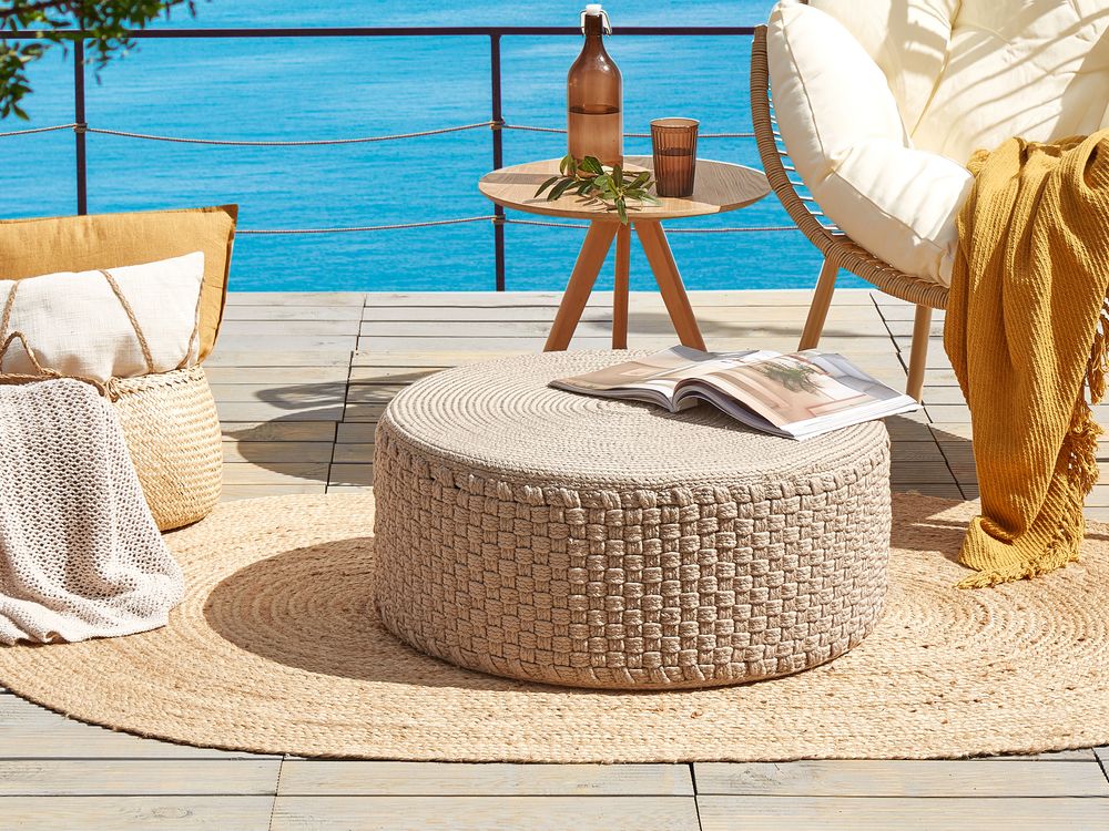Pouf da giardino Beige Materiale sintetico ⌀ 70 cm Pouf da esterno intrecciato a mano Stile Boho
