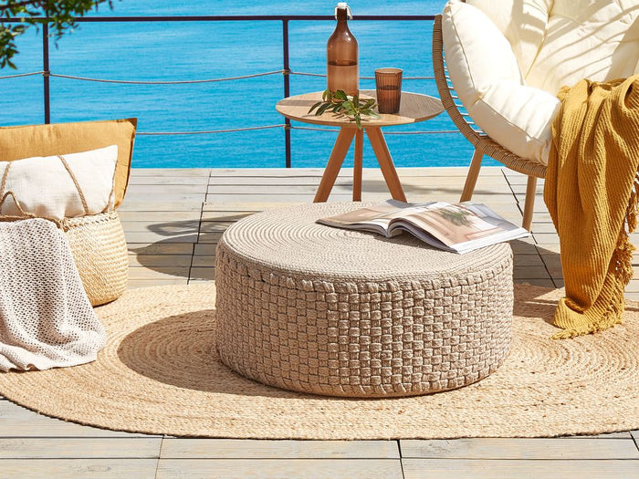 Pouf da giardino Beige Materiale sintetico ⌀ 70 cm Pouf da esterno intrecciato a mano Stile Boho