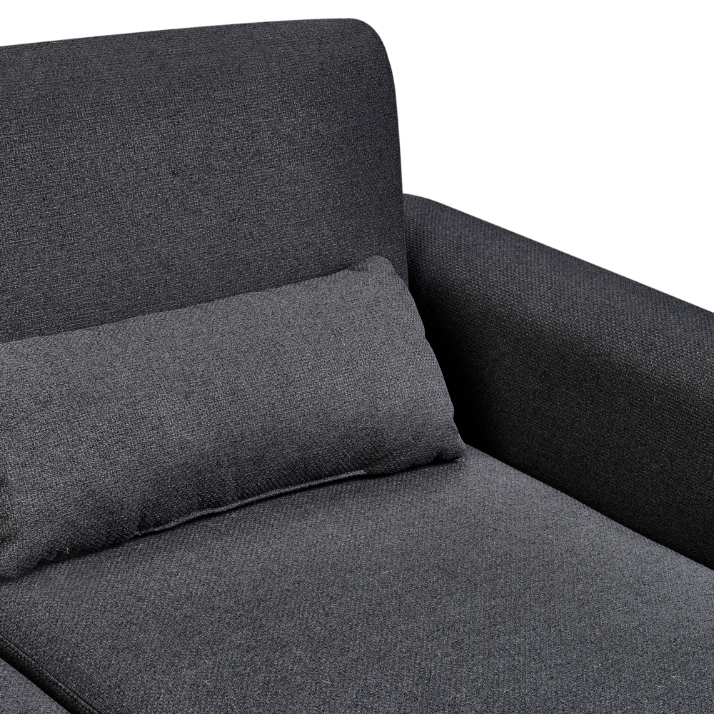 Divano letto ad angolo Rivestimento nero in tessuto poliestere Gambe in legno chiaro Cuscini Design moderno