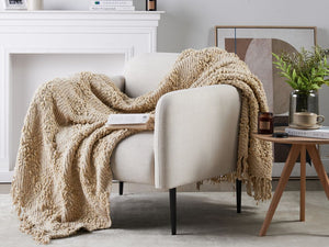 Coperta di cotone intrecciata con nappe 150 x 200 cm beige morbida classica