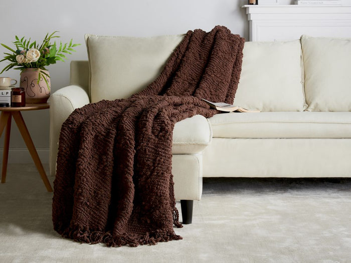 Coperta di cotone intrecciata con nappe marrone 200 x 220 cm morbida classica