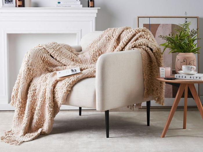 Coperta di cotone intrecciata con nappe 150 x 200 cm beige chiaro morbida classica