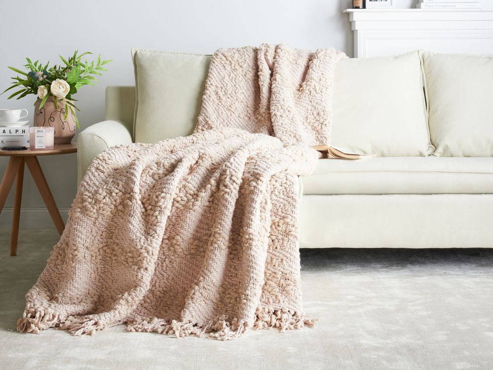 Coperta di cotone intrecciata con nappe  beige chiaro 200 x 220 cm morbida classica