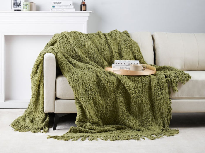 Coperta di cotone intrecciata con nappe verde 220 x 240 cm verde morbida classica