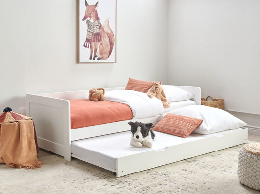 Letto a castello per bambini in legno di pino bianco struttura di dimensioni singole EU con telaio estraibile extra.