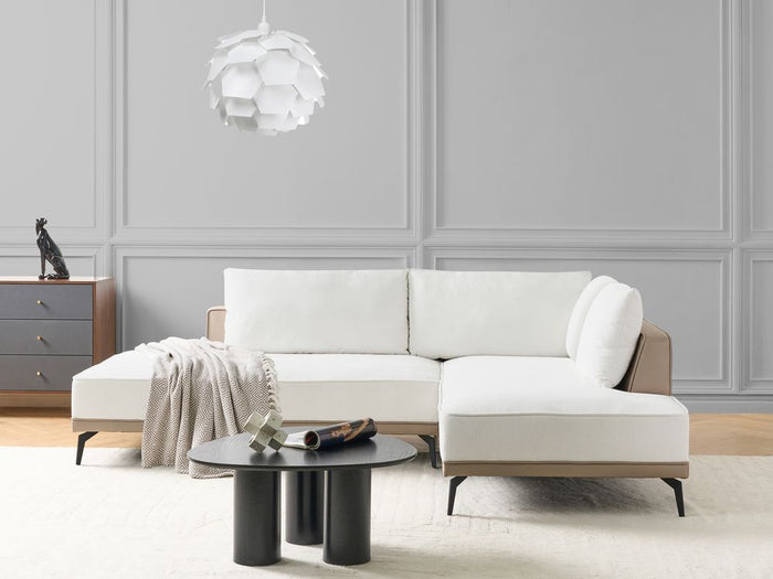 Divano angolare a sinistra Bianco Sporco Taupe Poliestere Ecopelle Gambe d'acciaio Cuscini Soggiorno