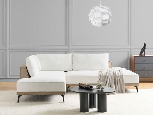 Divano angolare a destra Bianco Sporco Taupe Poliestere Ecopelle Gambe d'acciaio Cuscini Soggiorno