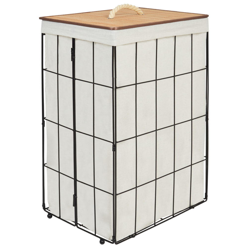 Cesto portabiancheria in metallo con coperchio rimovibile in bambù nero e legno chiaro stile moderno