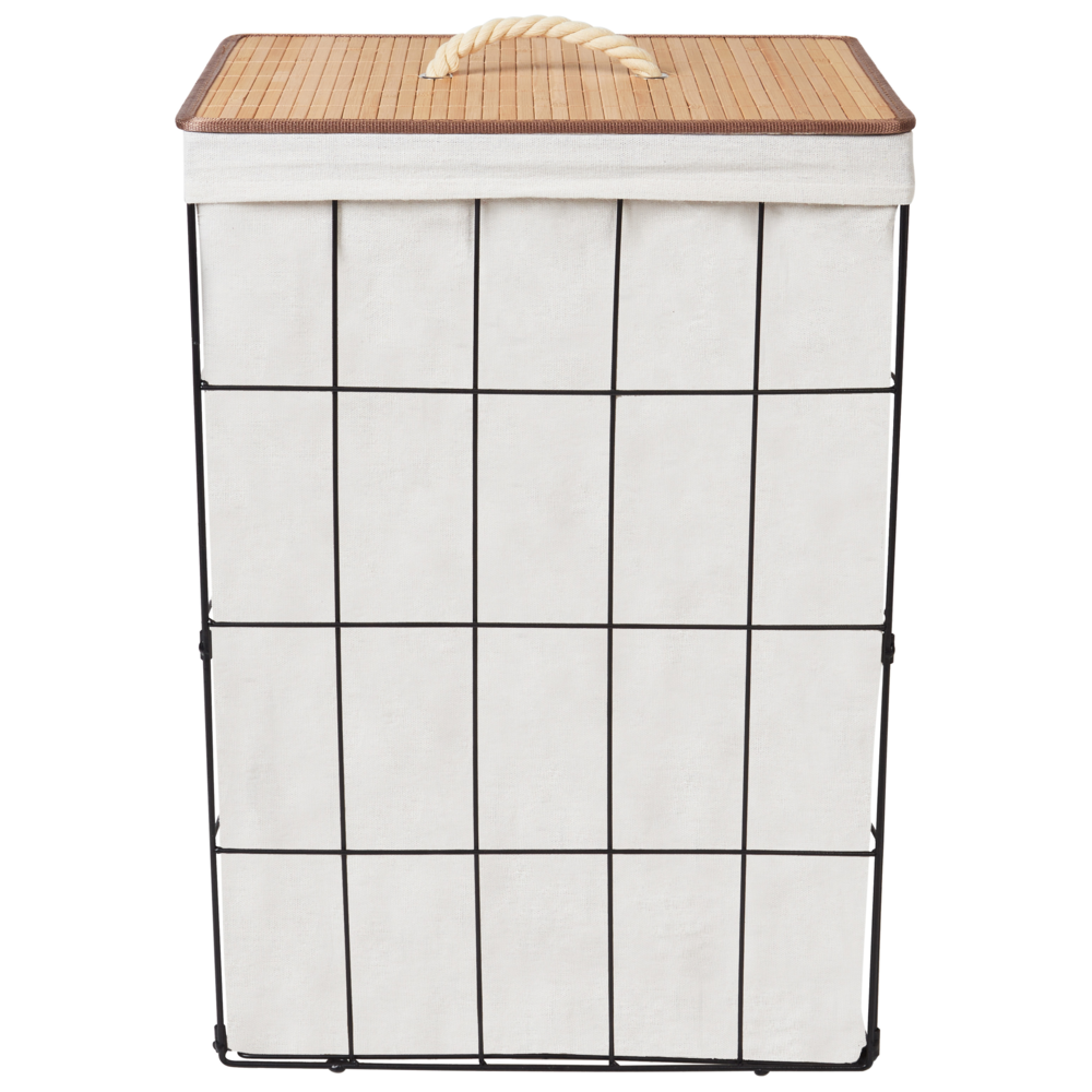 Cesto portabiancheria in metallo con coperchio rimovibile in bambù nero e legno chiaro stile moderno