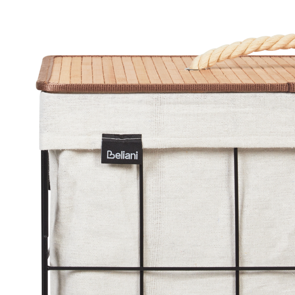 Cesto portabiancheria in metallo con coperchio rimovibile in bambù nero e legno chiaro stile moderno