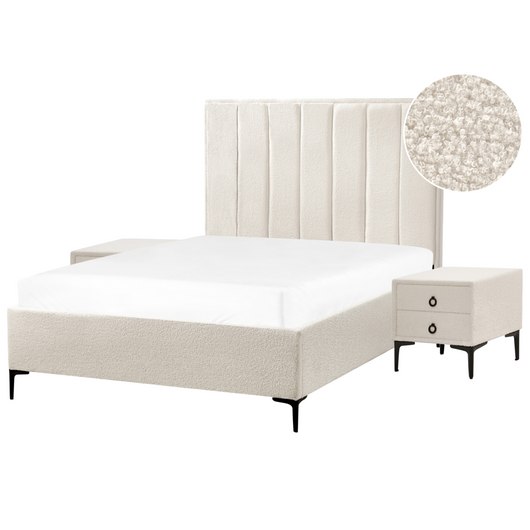 Set camera da letto con 2 Comodini in tessuto bouclè bianco sporco 140 x 200 cm stile moderno