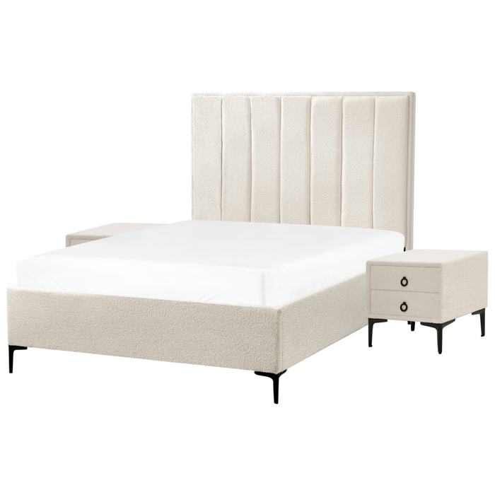 Set camera da letto con 2 Comodini in tessuto bouclè bianco sporco 140 x 200 cm stile moderno