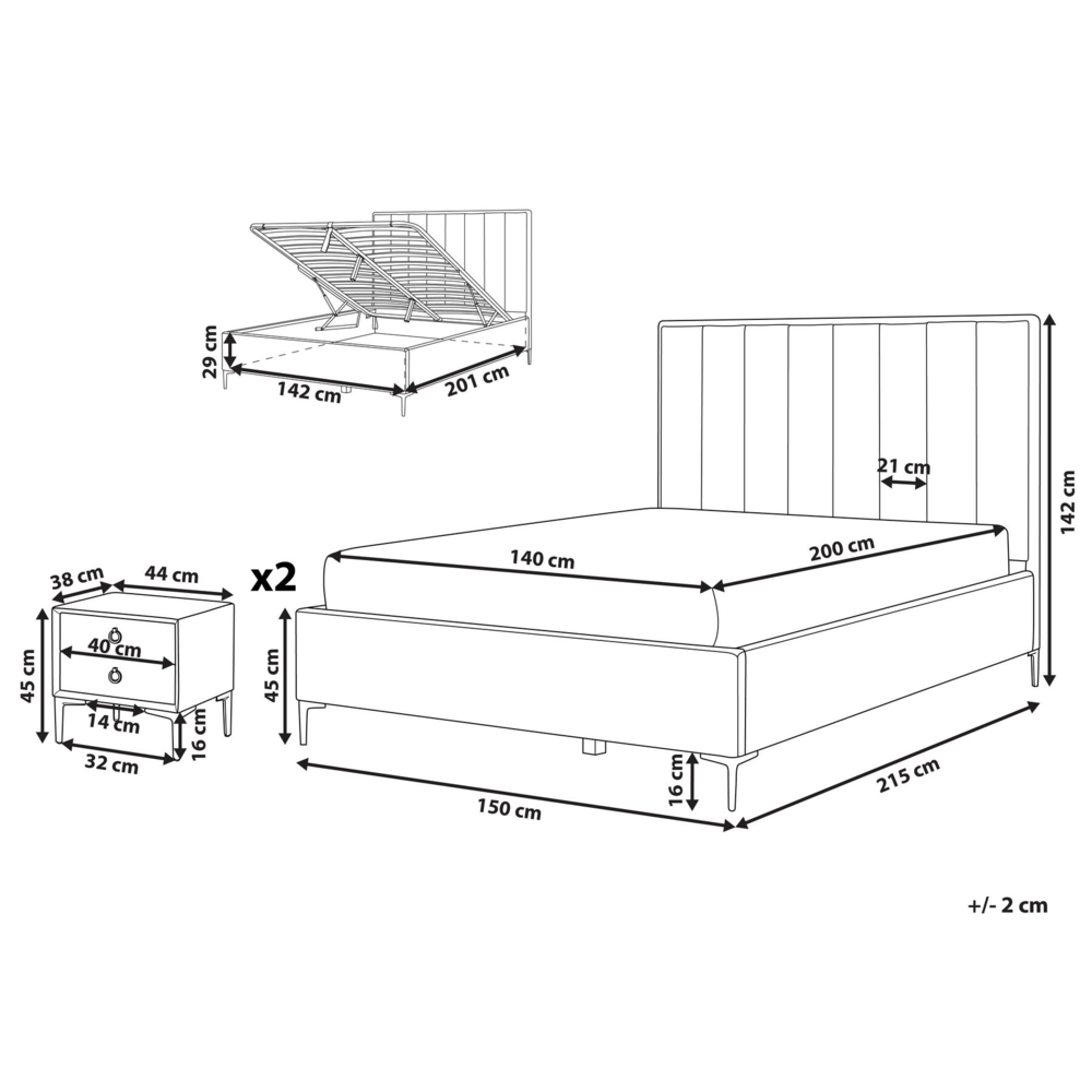 Set camera da letto con 2 Comodini in tessuto bouclè bianco sporco 140 x 200 cm stile moderno