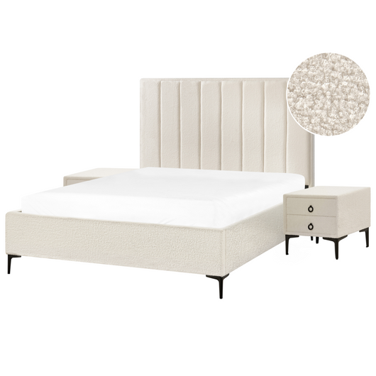 Set camera da letto con 2 Comodini in tessuto bouclè bianco sporco 160 x 200 cm stile moderno