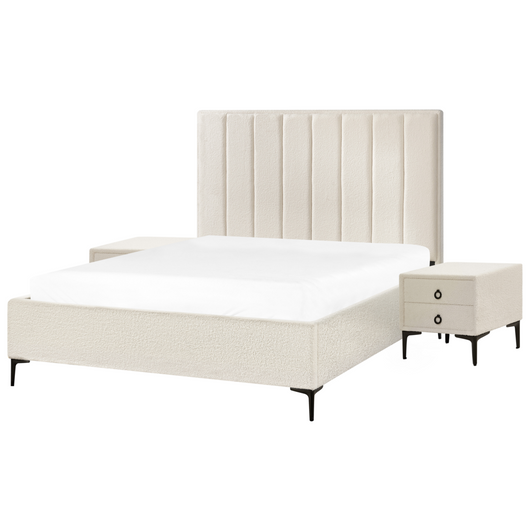 Set camera da letto con 2 Comodini in tessuto bouclè bianco sporco 160 x 200 cm stile moderno
