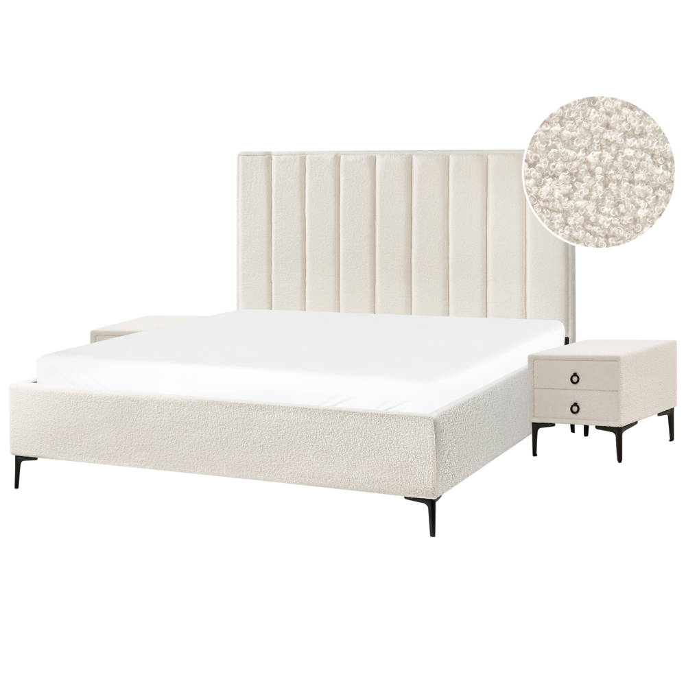 Set camera da letto con 2 Comodini in tessuto bouclè bianco sporco 180 x 200 cm stile moderno