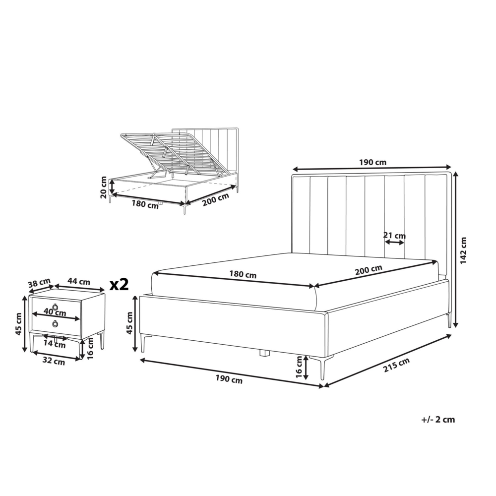 Set camera da letto con 2 Comodini in tessuto bouclè bianco sporco 180 x 200 cm stile moderno