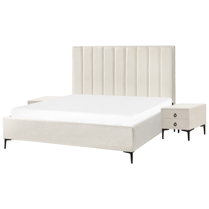 Set camera da letto con 2 Comodini in tessuto bouclè bianco sporco 180 x 200 cm stile moderno