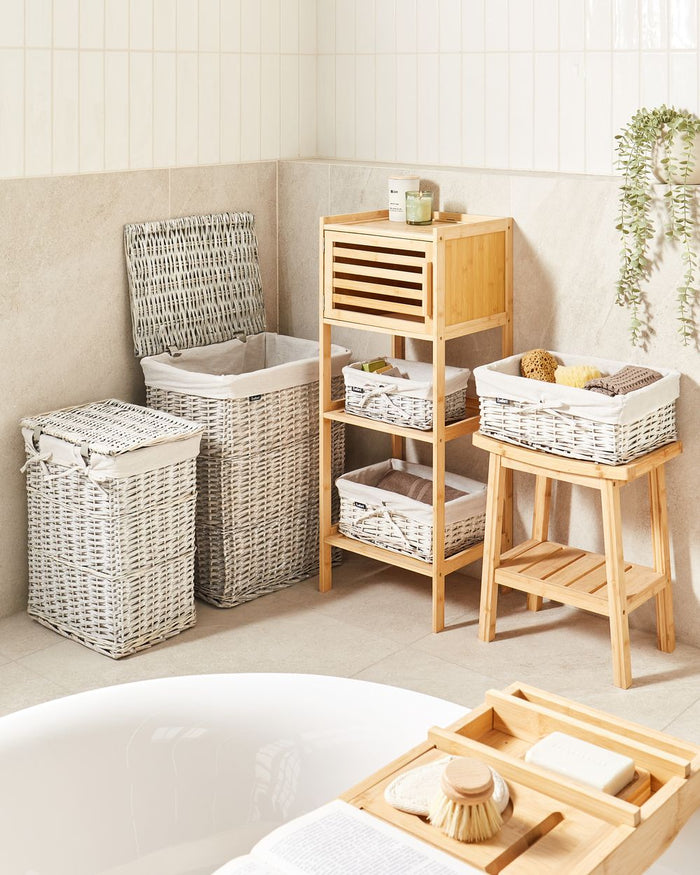 Cestino portaoggetti in bambù bianco con coperchio Cestino per biancheria Accessori pratici lavanderia bucato