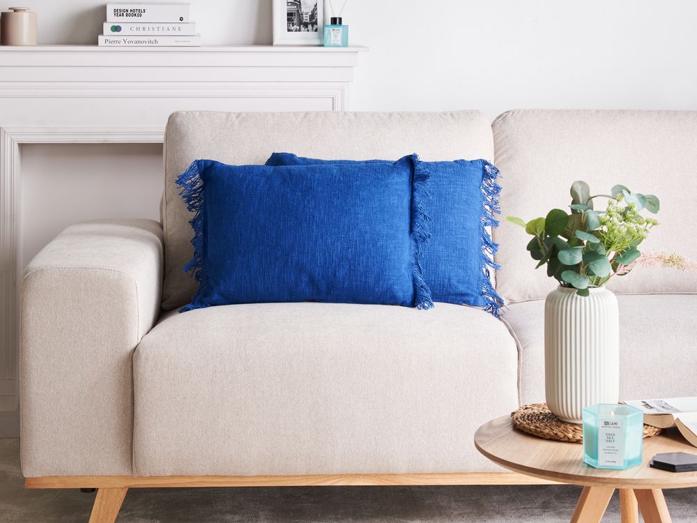 Set di 2 cuscini decorativi blu marino in cotone 35 x 50 cm con frange