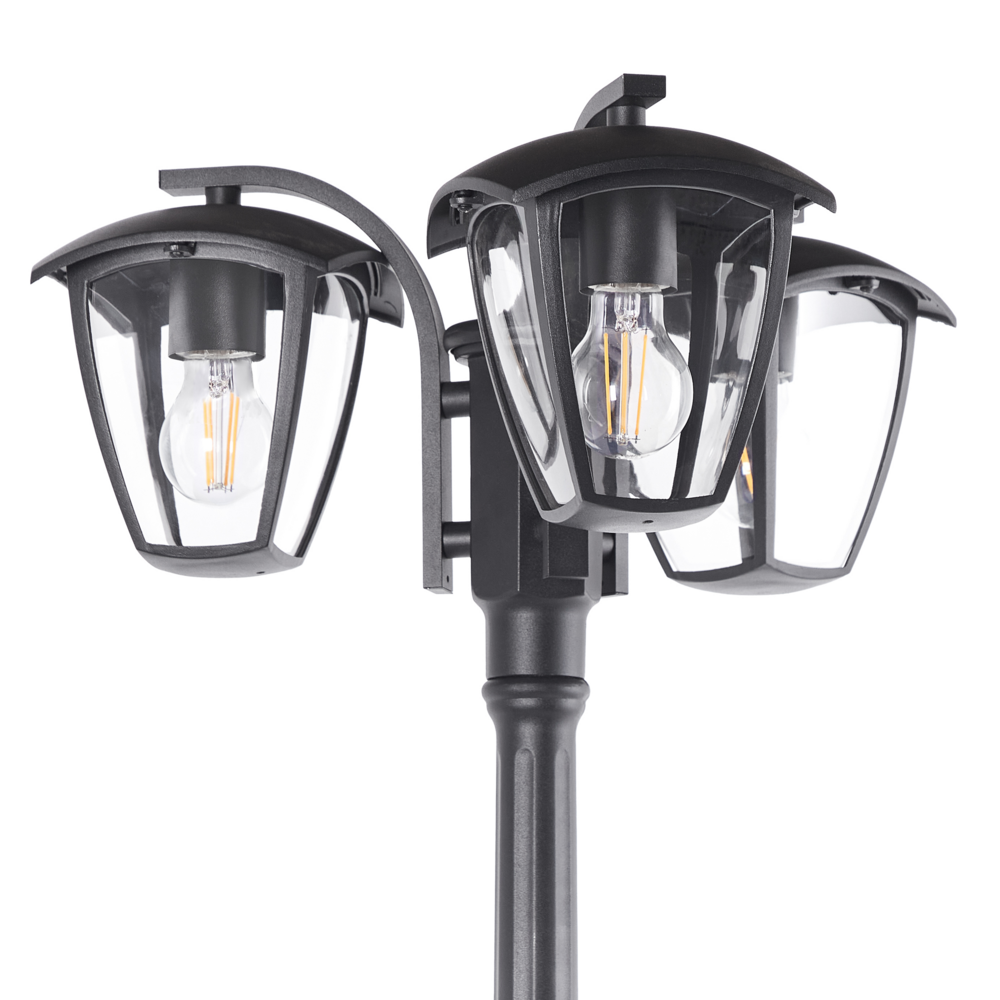 Lampione a 3 luci Lampada da sentiero nera Paralume sintetico in alluminio Illuminazione esterna da giardino Design moderno