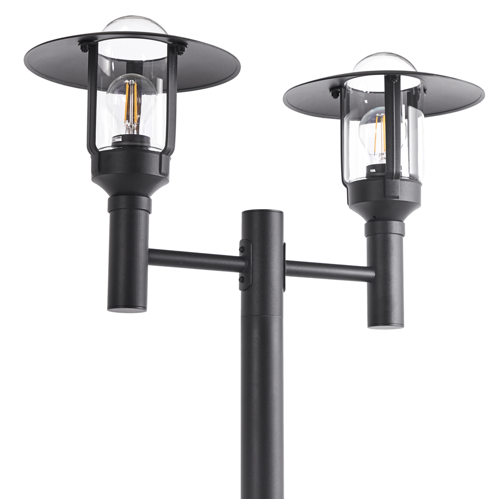 Lampione a 2 luci Lampada da sentiero nera Paralume in vetro di alluminio Illuminazione da giardino esterna Design moderno