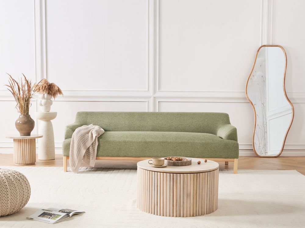 Divano a 3 posti in tessuto verde con gambe in legno stile elegante soggiorno