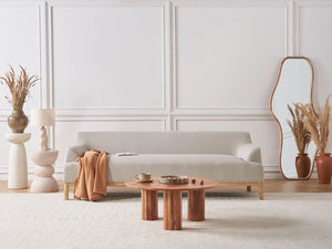 Divano a 3 posti in tessuto tortora chiaro con gambe in legno stile elegante soggiorno