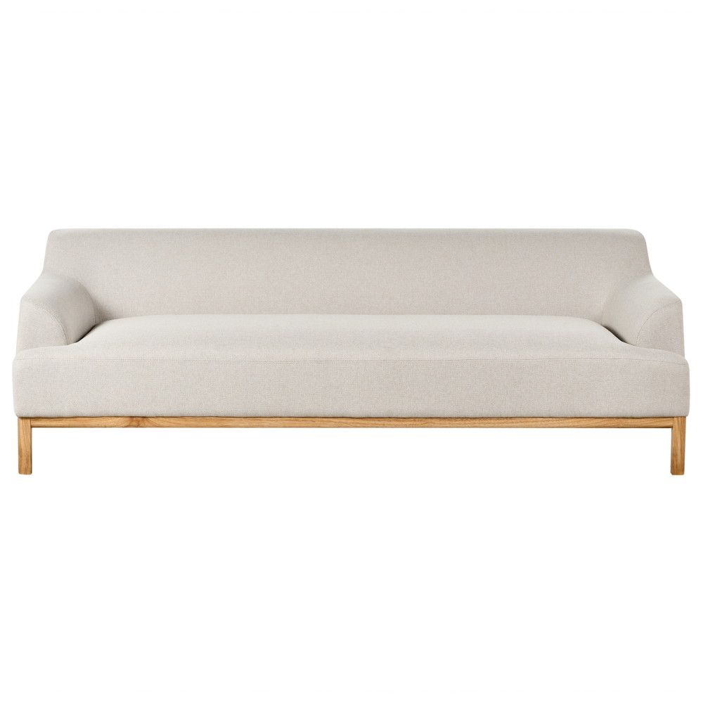 Divano a 3 posti in tessuto tortora chiaro con gambe in legno stile elegante soggiorno