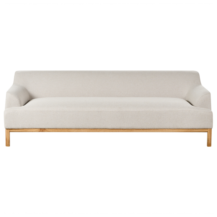 Divano a 3 posti in tessuto tortora chiaro con gambe in legno stile elegante soggiorno