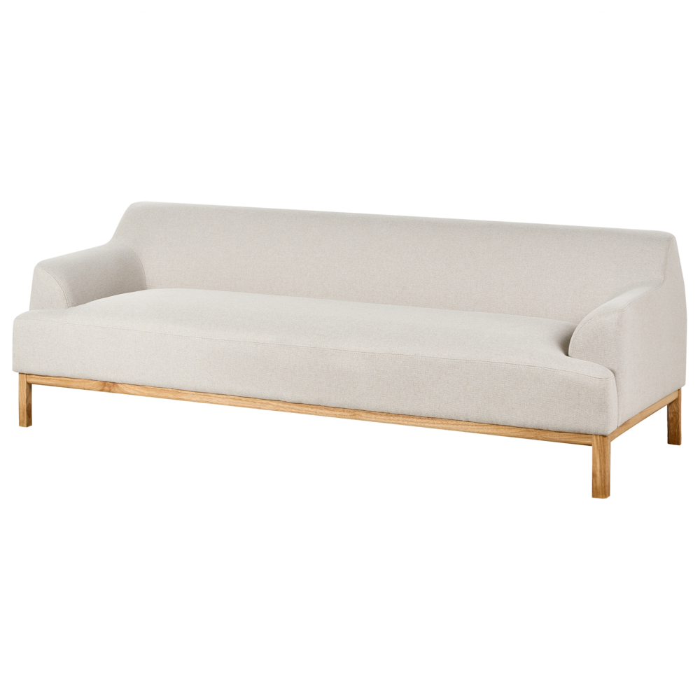 Divano a 3 posti in tessuto tortora chiaro con gambe in legno stile elegante soggiorno