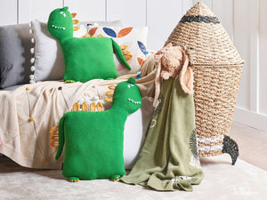 Set di 2 cuscini per bambini in tessuto di cotone verde a forma di dinosauro con imbottitura morbida e giocattolo per bambini