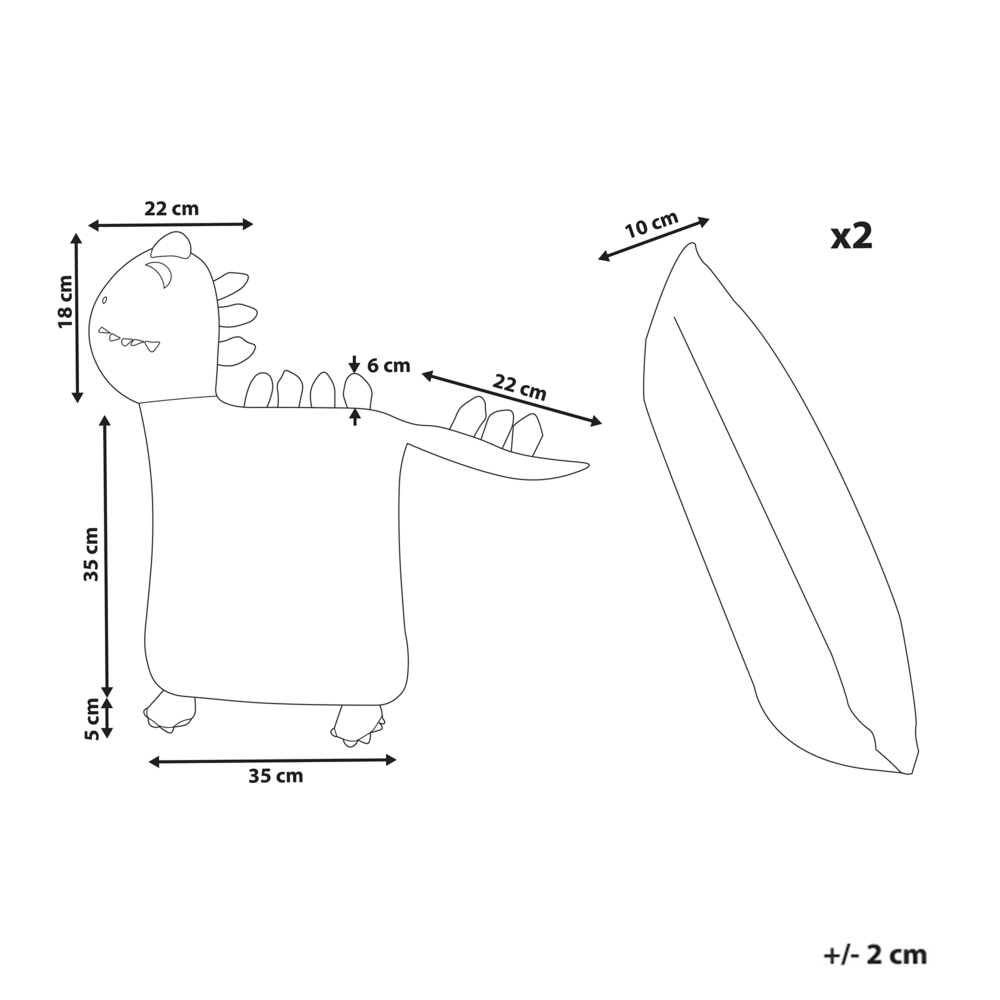 Set di 2 cuscini per bambini in tessuto di cotone verde a forma di dinosauro con imbottitura morbida e giocattolo per bambini