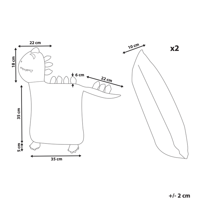 Set di 2 cuscini per bambini in tessuto di cotone verde a forma di dinosauro con imbottitura morbida e giocattolo per bambini