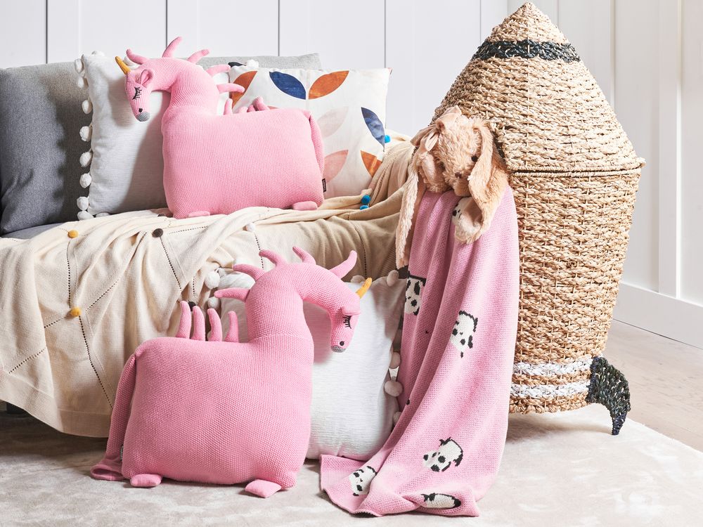 Set di 2 cuscini per bambini in tessuto di cotone rosa a forma di unicorno con imbottitura morbida e giocattolo per bambini