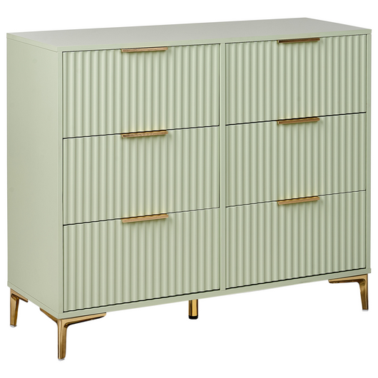 Cassettiera Verde MDF 6 Cassetti Gambe in Metallo Maniglie Fronti Scanalati Design Moderno Camera da Letto Soggiorno