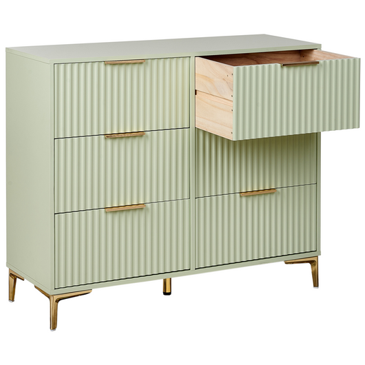 Cassettiera Verde MDF 6 Cassetti Gambe in Metallo Maniglie Fronti Scanalati Design Moderno Camera da Letto Soggiorno