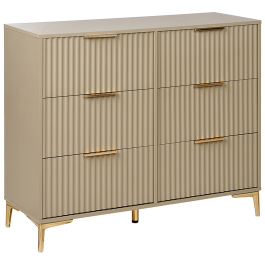 Cassettiera Beige MDF 6 Cassetti Gambe in metallo Maniglie Scanalate Frontali Design Moderno Camera da letto Soggiorno