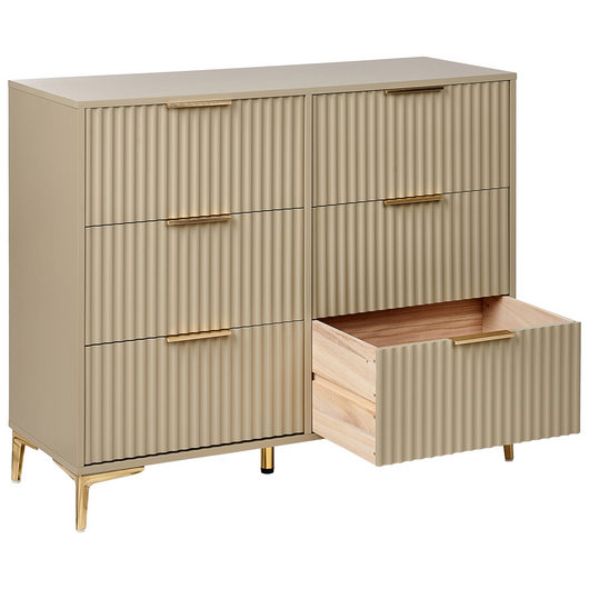 Cassettiera Beige MDF 6 Cassetti Gambe in metallo Maniglie Scanalate Frontali Design Moderno Camera da letto Soggiorno