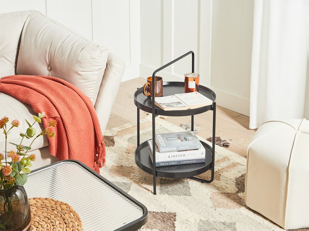 Tavolino con struttura in metallo e ripiano a 2 livelli in MDF rotondo nero stile moderno