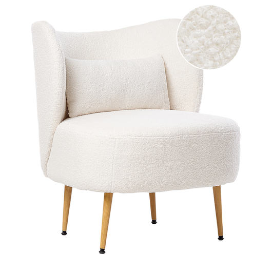 Poltrona Bianco sporco Boucle Tessuto Morbido Nubby Legno Chiaro Gambe Metallo Schienale Curvo Stile Retro Glam Art Decor