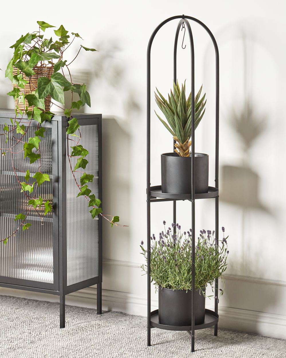 Supporto fioriere per piante rotondo in metallo nero 35 x 160 cm interno esterno