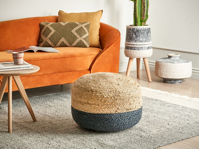 Pouf blu navy in iuta EPS con perline 50 x 50 x 40 cm Ottomano rotondo in stile Boho Accessorio per la casa