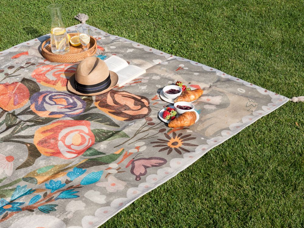 Coperta per picnic multicolore con cinturino con motivo floreale 150 x 200 cm per esterni