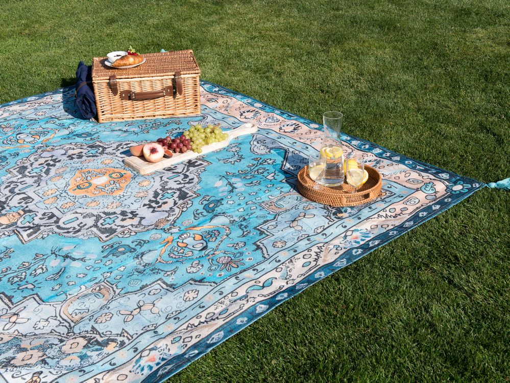 Coperta per picnic blu con cinturino con motivo orientale 200 x 200 cm per esterni