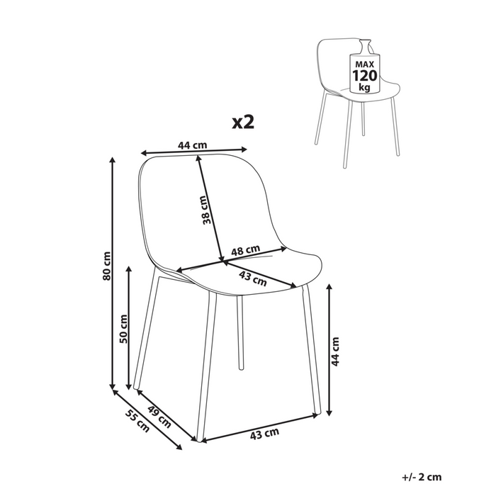 Set di 2 sedie da pranzo in plastica beige chiaro con gambe in metallo stile moderno