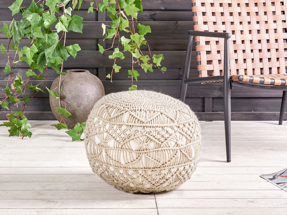 Pouf da giardino in materiale sintetico beige 50 x 50 cm Pouf da esterno intrecciato a mano in stile Boho