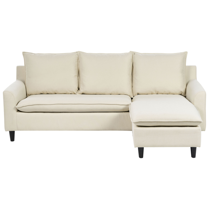 Divano Angolare Sinistro Tessuto beige Imbottito Gambe Legno Scuro Chaise longue a 3 posti a versione sinistra Cuscino schienale