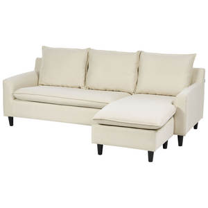 Divano Angolare Sinistro Tessuto beige Imbottito Gambe Legno Scuro Chaise longue a 3 posti a versione sinistra Cuscino schienale