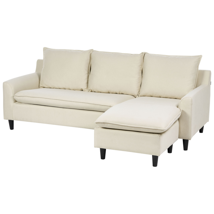 Divano Angolare Sinistro Tessuto beige Imbottito Gambe Legno Scuro Chaise longue a 3 posti a versione sinistra Cuscino schienale